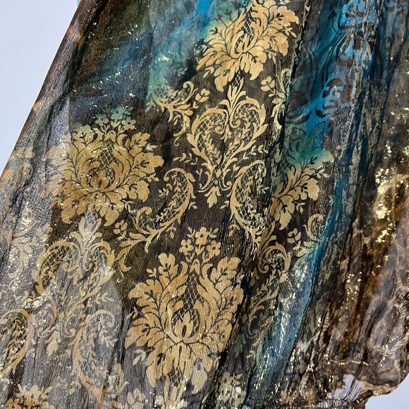 Cache Top Blouse Shirt L Large Sheer Gold Blue Brown Print Metallic Silk Vintage - Picture 3 of 6